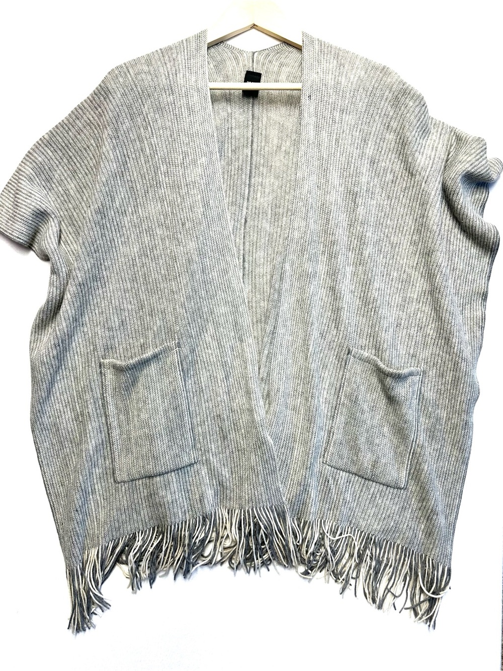 Gray Knit Poncho Cardigan One Size Fringe Pockets Open Front Boho